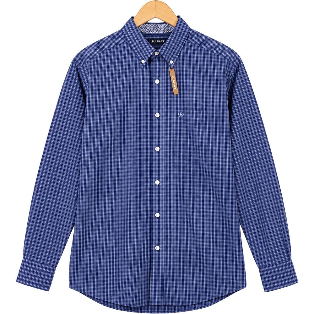Ariat Immanuel FTD Mens Midnight Sail Blue Plaid Wrinkle Free Fitted Shirt NEW